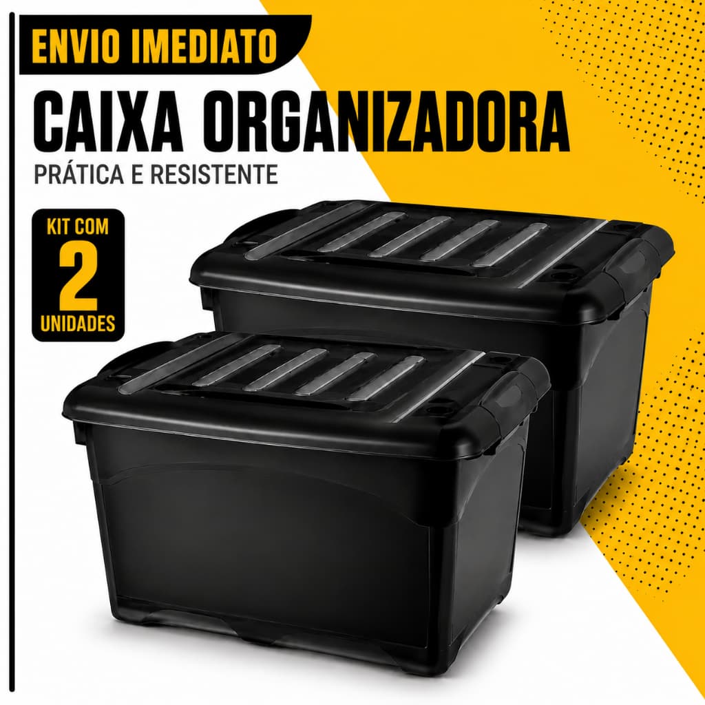 Kit 2 Unidades Caixa Organizadora 95 Litros Preta Com Rodinhas e Trava Para Transporte HeavyBox