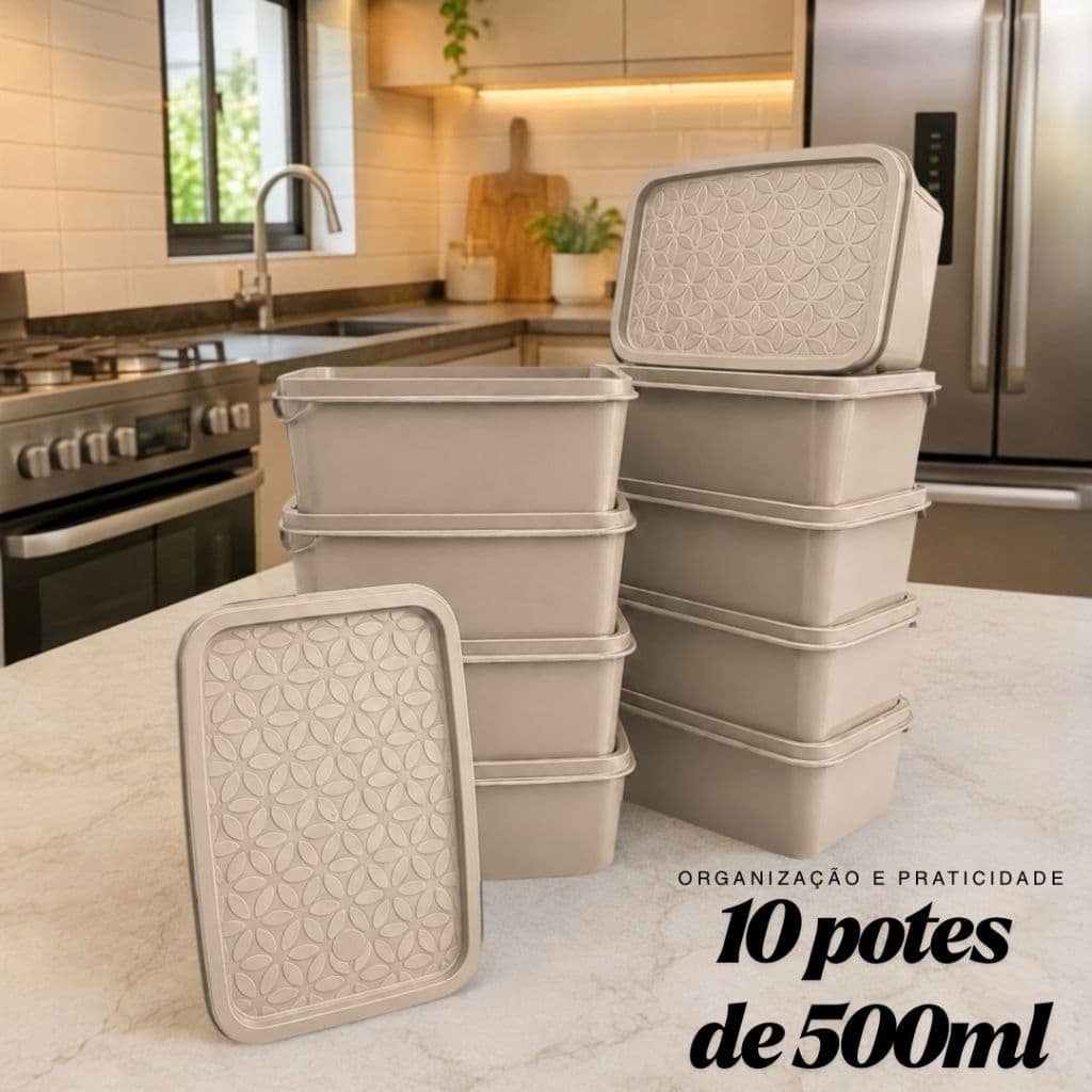 Conjunto 10 Potes Retangulares 500ml Herméticos de Plástico com Tampa