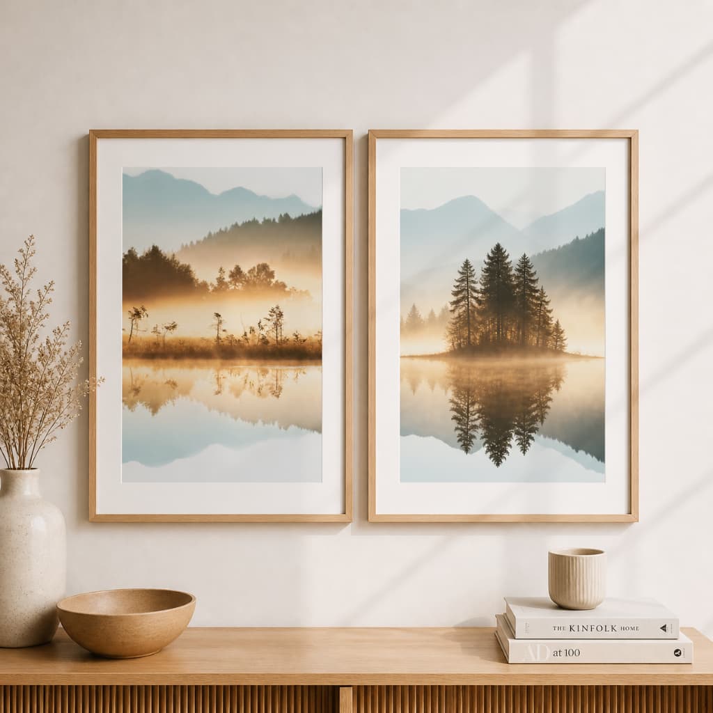 Kit 2 Quadros Decorativos Paisagem Floresta com Neblina e Lago Sala Quarto Escritório Moldura e Vidro