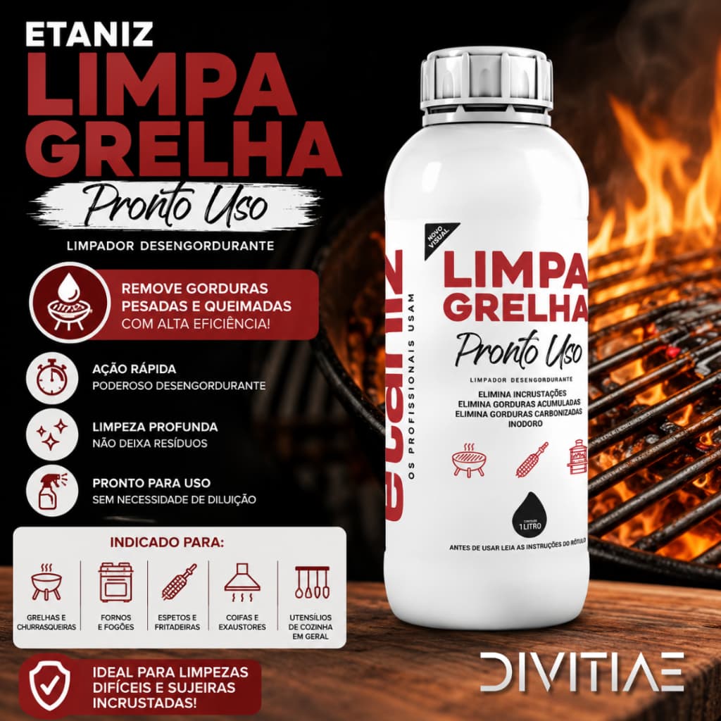 Limpa Grelha fornos fogões churrasqueiras espetos fritadeiras coifas Etaniz 1 litro
