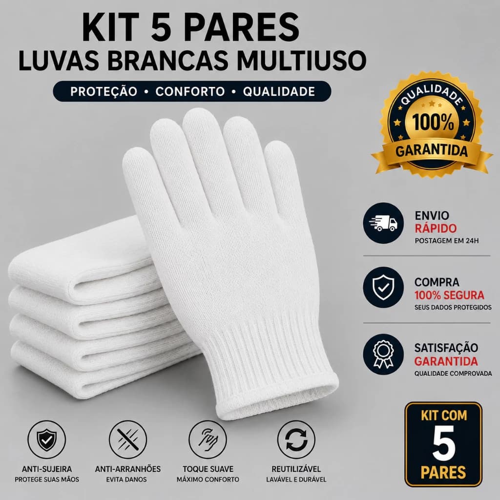 Kit 5 Luvas Brancas de Proteção Multiuso – Reutilizável