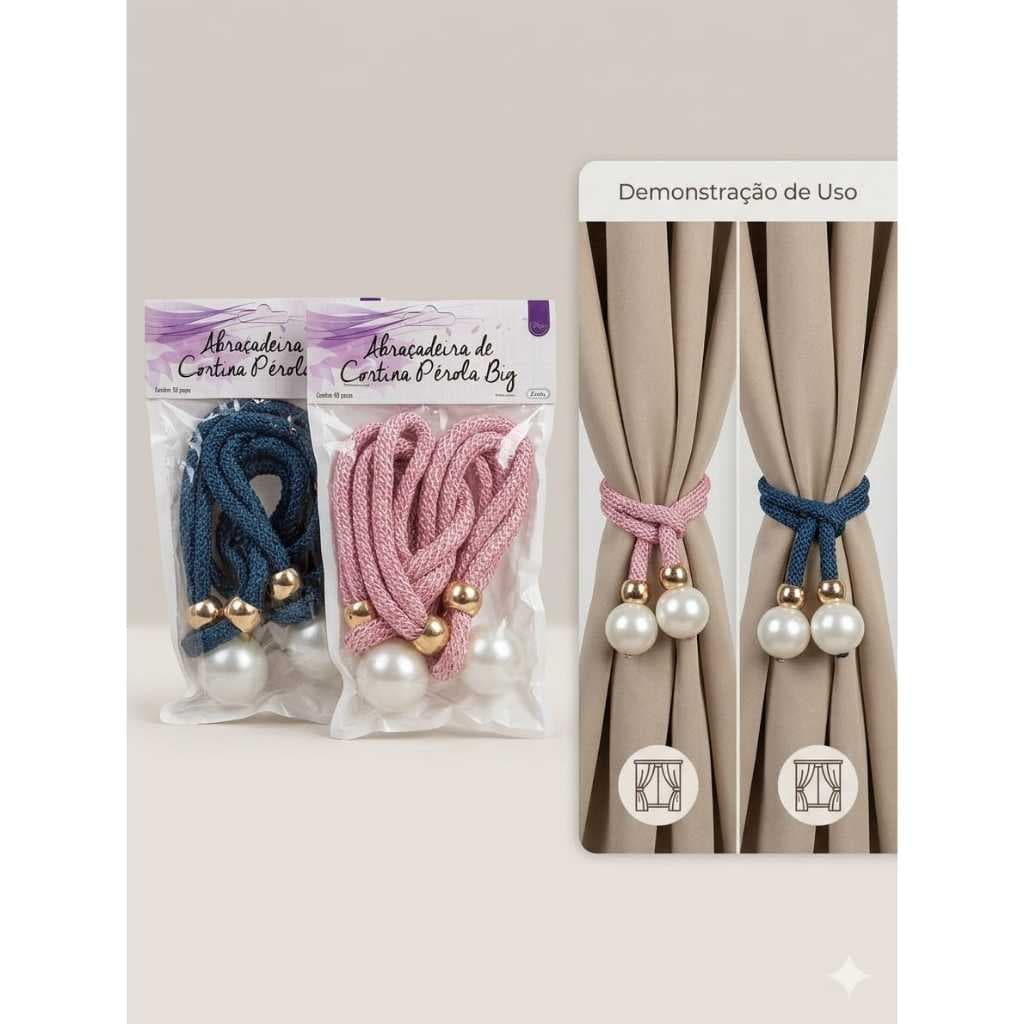Kit 2 Prendedor de Cortina Perola Luxo Abraçadeira Elegante Big
