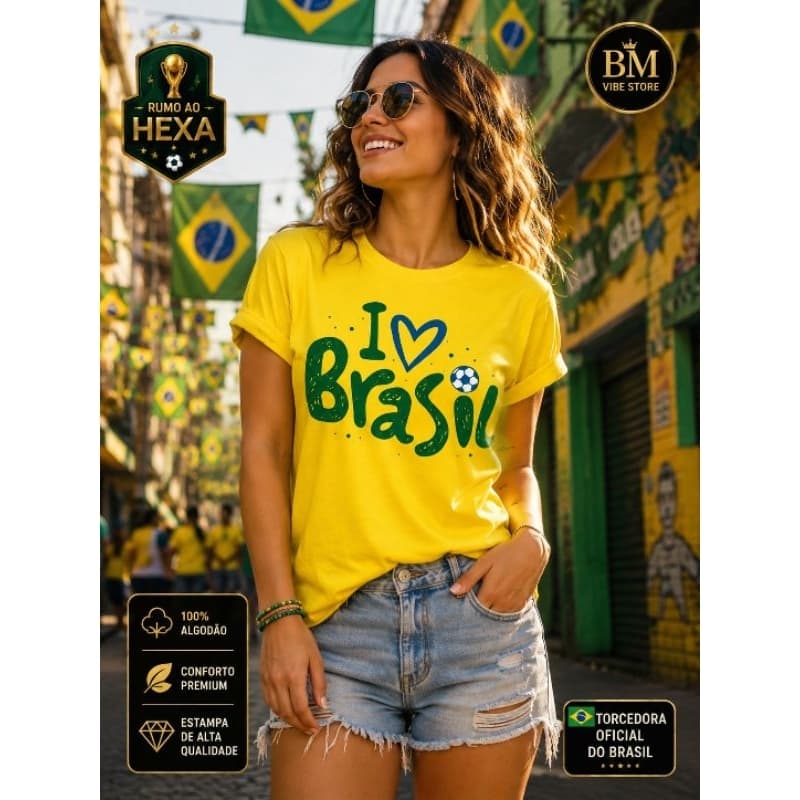 Camiseta Feminina Brasil HEXA I LOVE BRASIL Blusa Feminina 100% algodão Seleção Brasileira Copa Mu