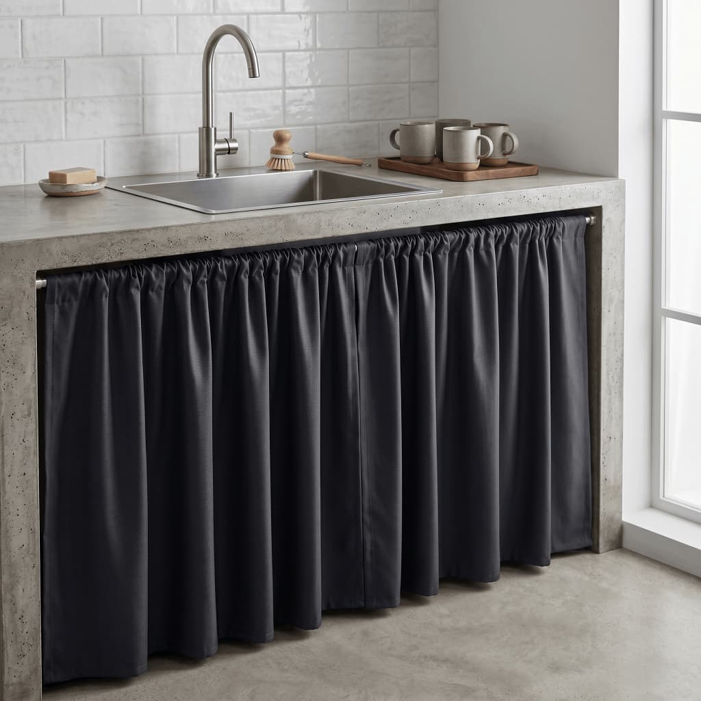 Cortina De Pia De Cozinha 1,40x0,80m Tecido Oxford Grosso Balcão Bancada Lavanderia Com Passa Varão