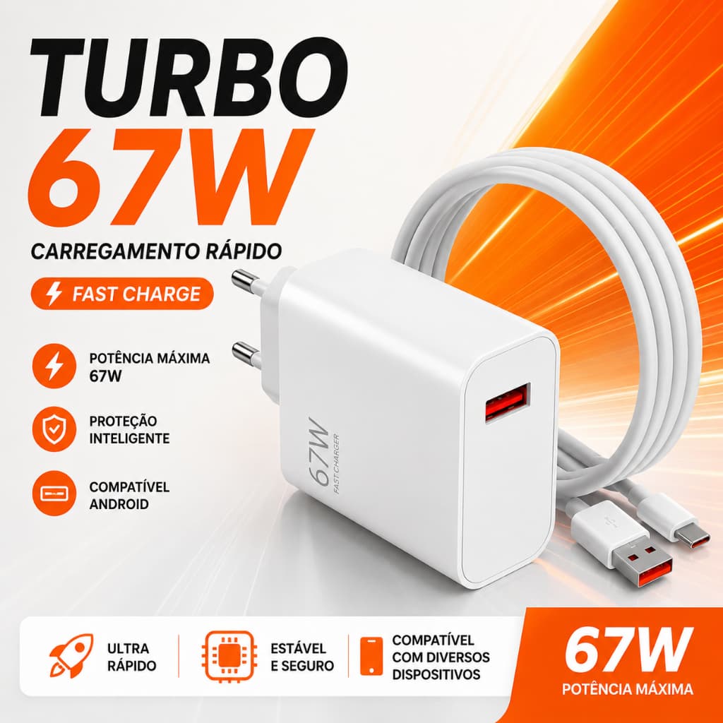 Carregador Turbo 67W Fast Charge USB + Cabo Carregamento Rápido Android