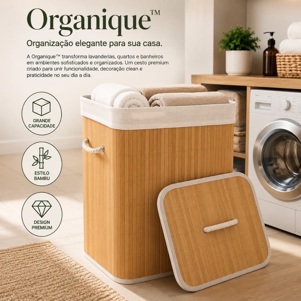 Cesto Organizador ORGANIQUE™ 70L com Tampa e Alças Estilo Bambu