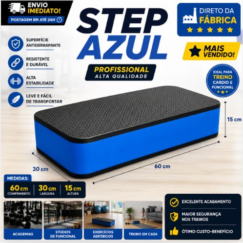 Step Azul Profissional 60x30x15cm Academia Funcional Antiderrapante
