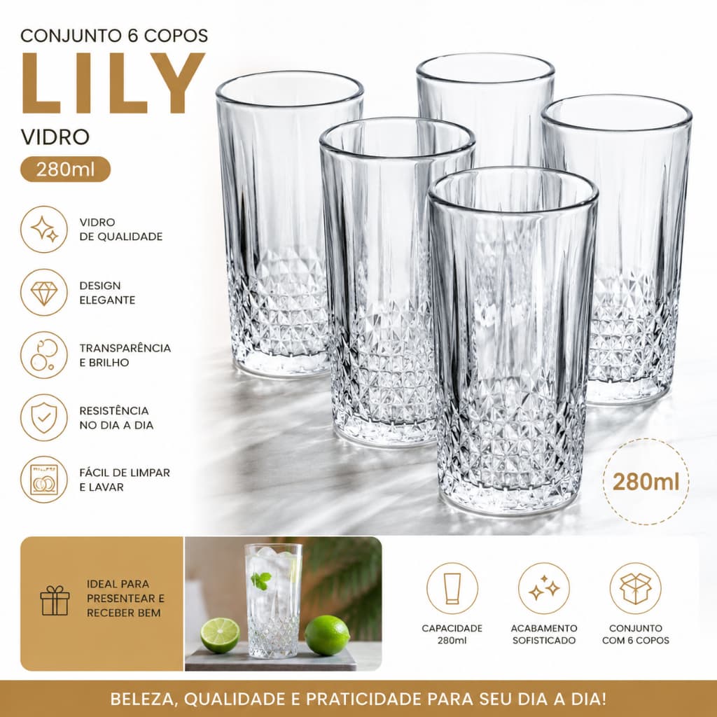 Jogo 6 Copos Transparente Vidro 280ml Resistentes Duráveis Sobremesa Suco Água