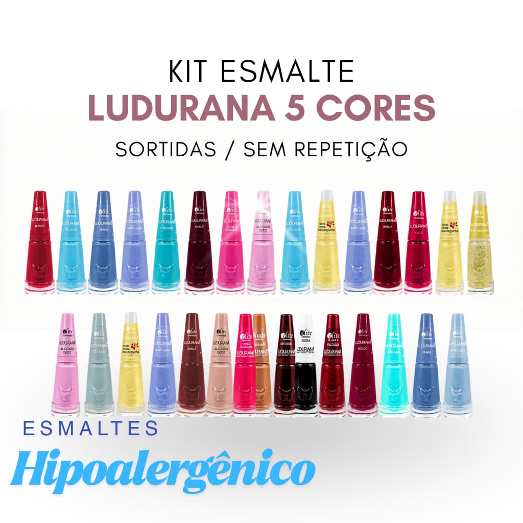 Kit 5 Esmaltes Ludurana Cores Sortidas 3 Free Hipoalergênico Alta Durabilidade Manicure Unhas