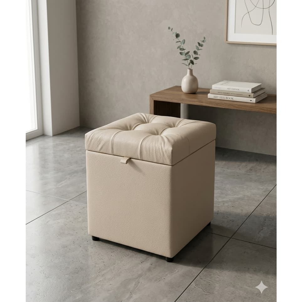 Puff Baú Estofado Decorativo Quadrado 100% MDF - BEGE CLARO CORINO