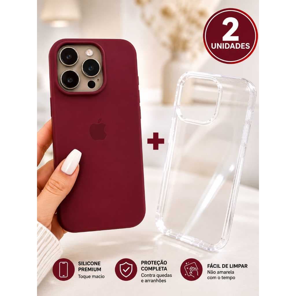 Kit Capinha Iphone Case Silicone Aveludada + Transparente Compatível Iphone 11 12 13 14 15 16 17 Pro Max