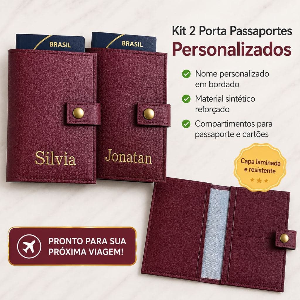 Kit 2 Porta Passaporte Personalizado com Nome Bordado, cor Bordô / Marsala