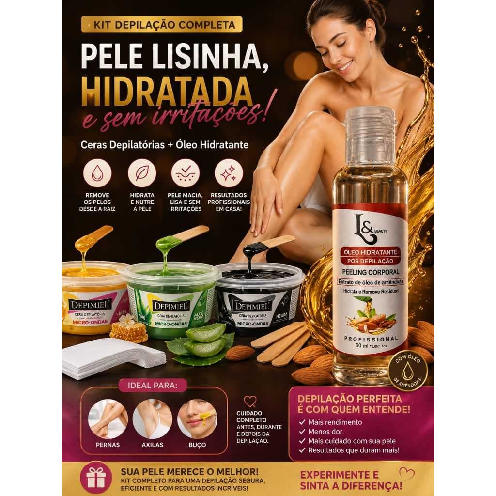 Kit Depilação Cera Quente Micro Ondas + Papel Removedor + Aplicador+Óleo Removedor Hidratante