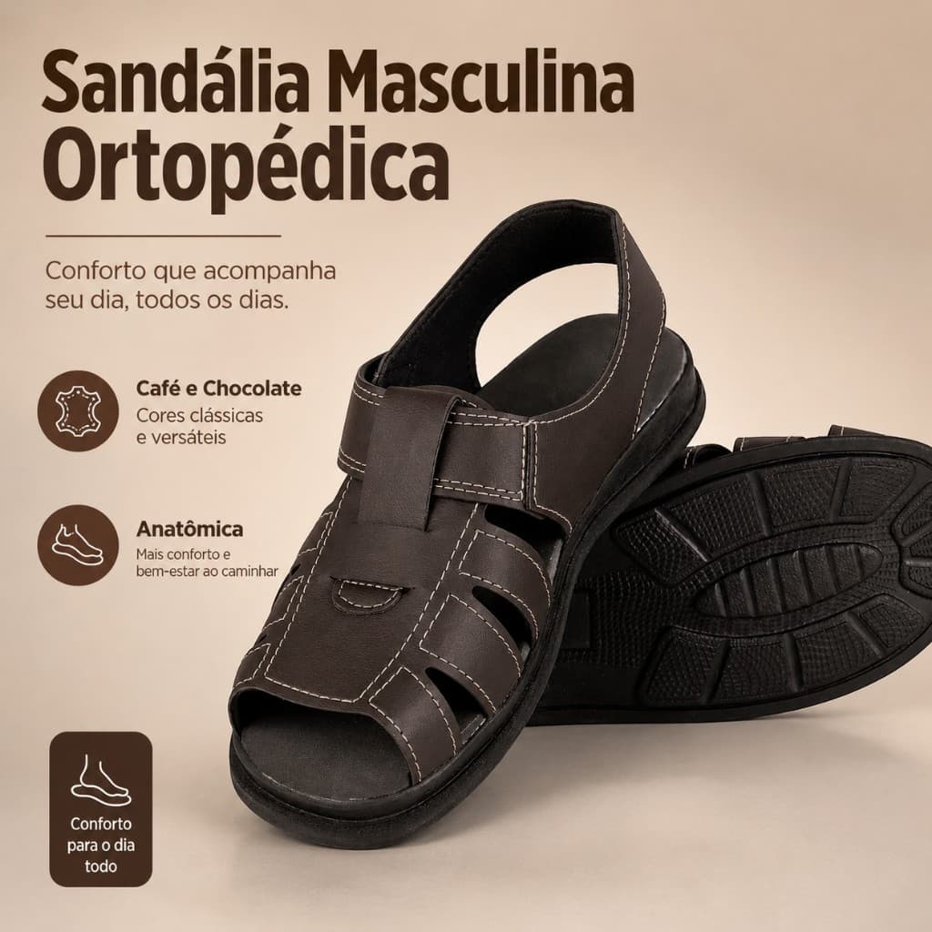 Sandália Masculina Ortopédica Confortável Anatômica Casual Macia Masculina