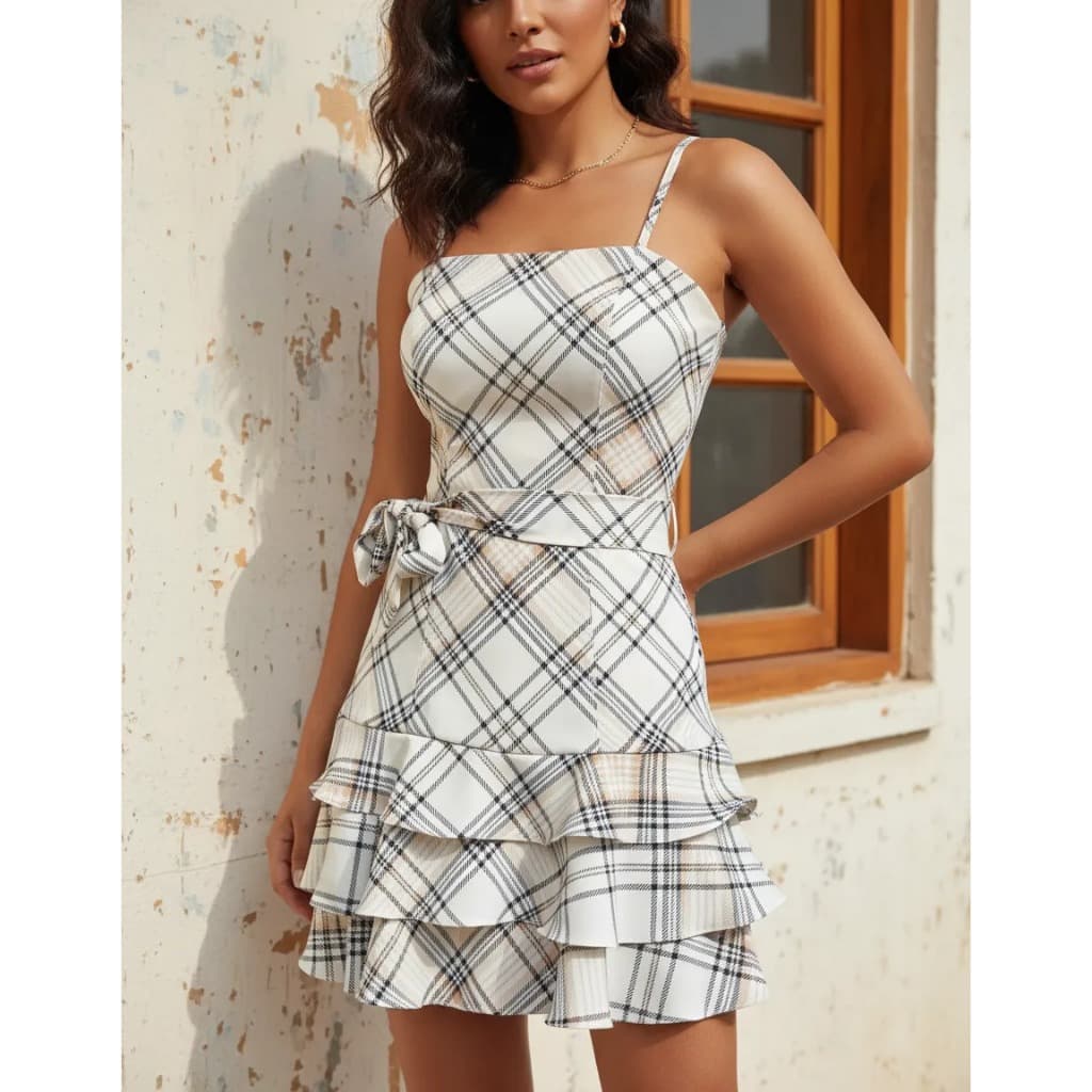 vestido curto três babados xadrez com alcinha faixa