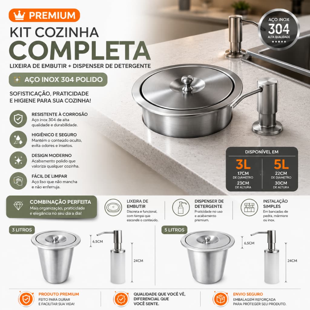 Lixeira de Embutir + Dispense Detergente Inox 304 Pia Gourmet 5 Litros Aço Inox Polido ou Escovado não Enferruja