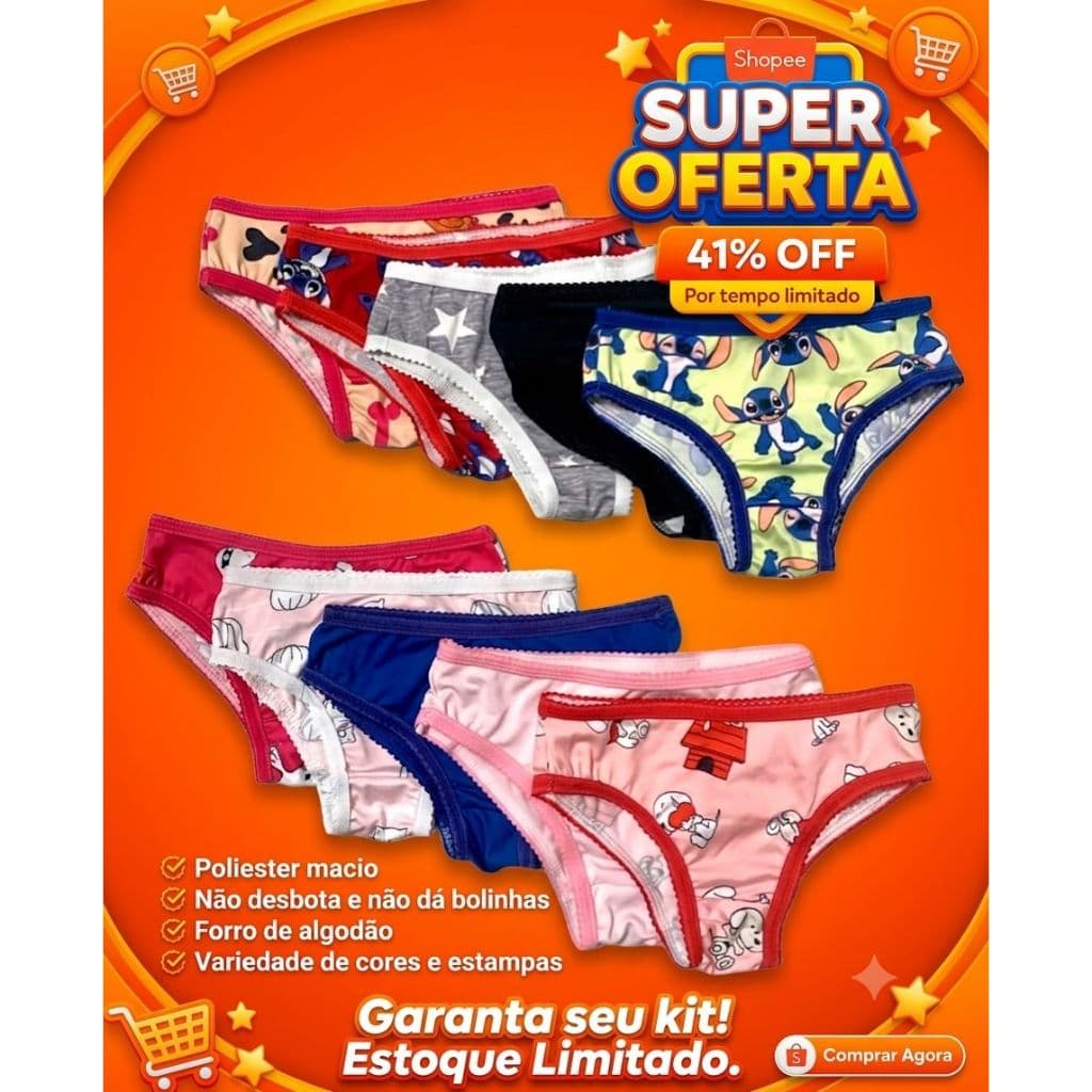 Kit 10 Calcinhas infantil Menina Conforto Estampadas Dia a Dia