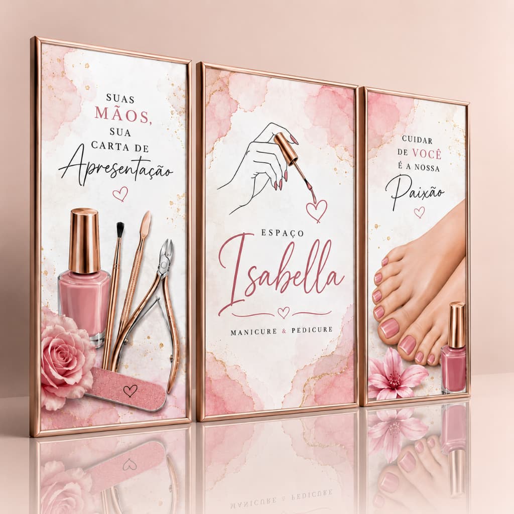 Quadro Decorativo Manicure e Pedicure Personalizado com Nome Kit 3 Peças Salão de Beleza Espaço Nail