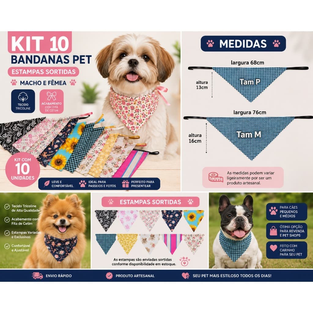 Bandana Pet Cachorro Kit 10 em Tricoline 100% algodão com Fita Cetim Tam P e M Estampas Variadas