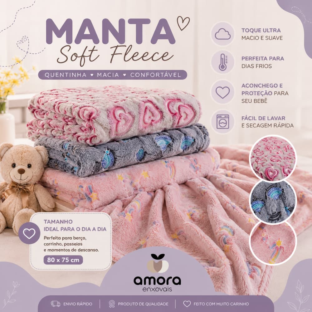 Manta Bebê Soft Fleece Quentinha Macia Cobertor Infantil Inverno Grande