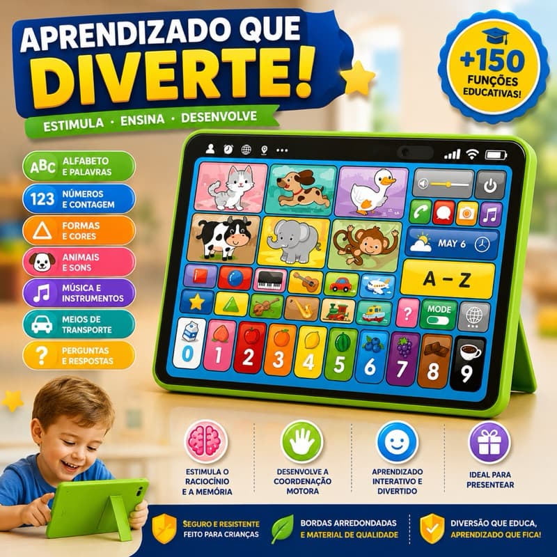 Tablet Infantil Educativo Aprender Letras Números Sons com 3 idiomas didático pedagógico