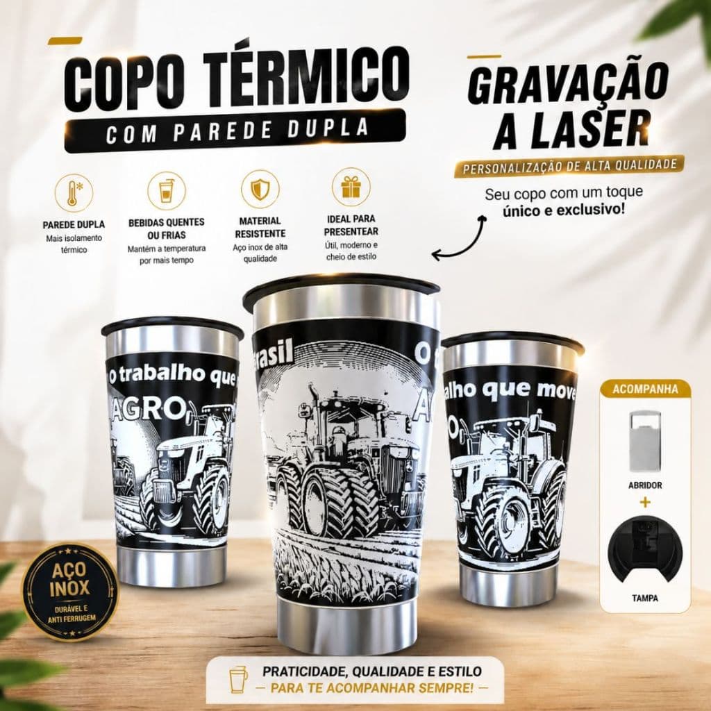 Copo Térmico 360º graus Personalizado a Laser Tema: AGRO 473ML COPO CUIA 350ML OU LONG NECK 6 EM 1