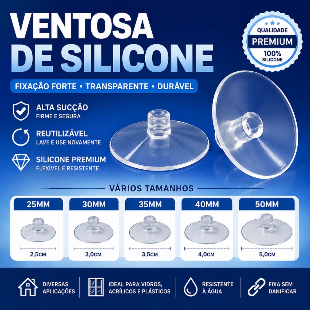 Ventosa de Silicone Transparente Alta Fixação 25, 30, 35, 40 e 50mm