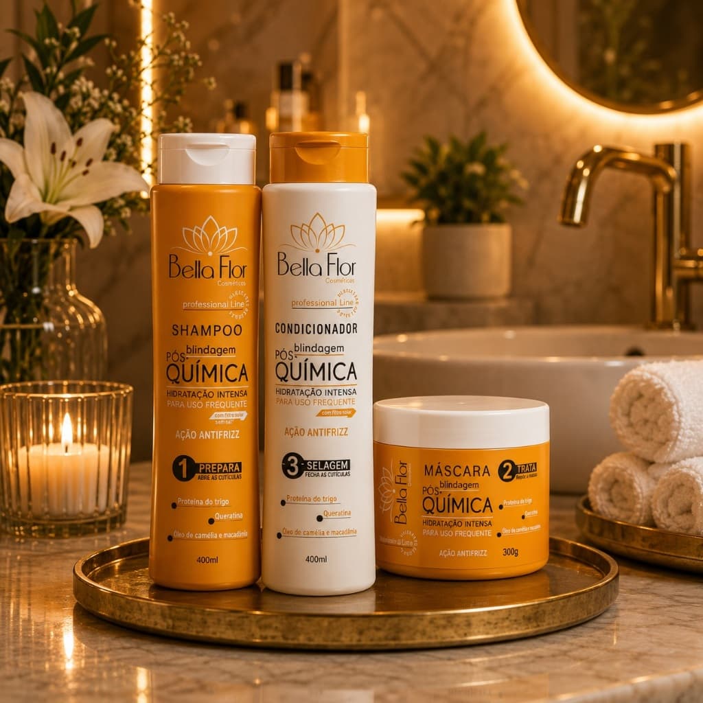 Kit Capilar Blindagem Pós-Química 3 Produtos Shampoo Condicionador Máscara Bella Flor Hidratação Reparação Profissional