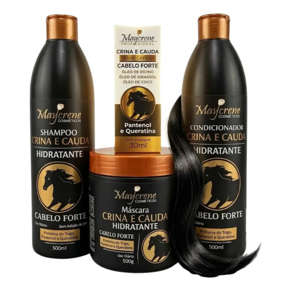 Kit Crescimento Capilar Crina E Cauda Maycrene Cavalo Forte Antiqueda Shampoo, Condicionador, Mascara + Sérum 4 Produtos