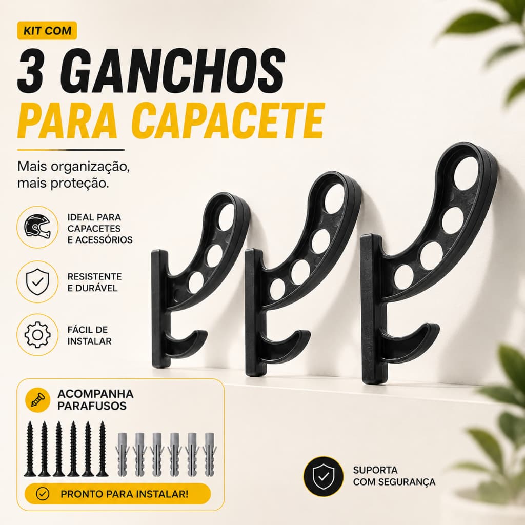 Kit 03 Suporte Gancho De Parede Para Pendurar Capacete E Acessórios Preto