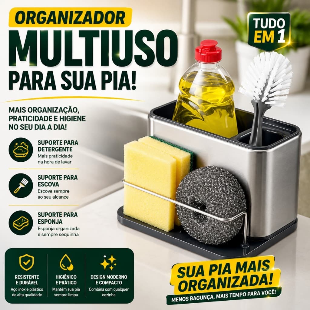 Organizador de Pia Multiuso Porta Detergente Esponja e Escova em Aço Inox Compacto Moderno