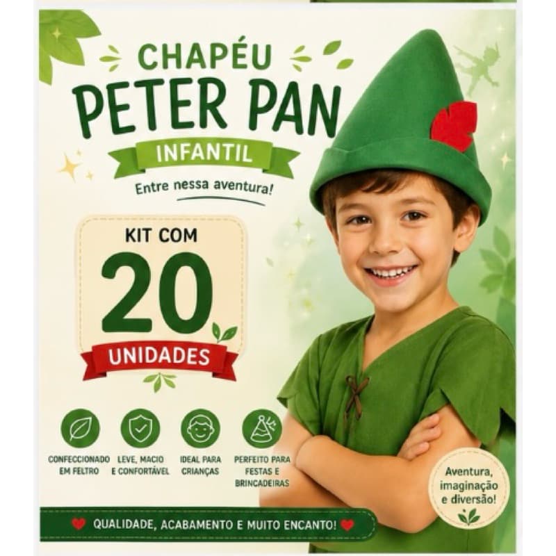 kit com 20 unidades chapéu infantil Peter Pan em feltro