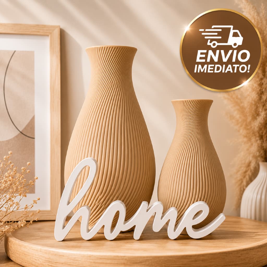 Conjunto Decorativo Vasos Canelados Bege com Letreiro Home para Sala e Escritório