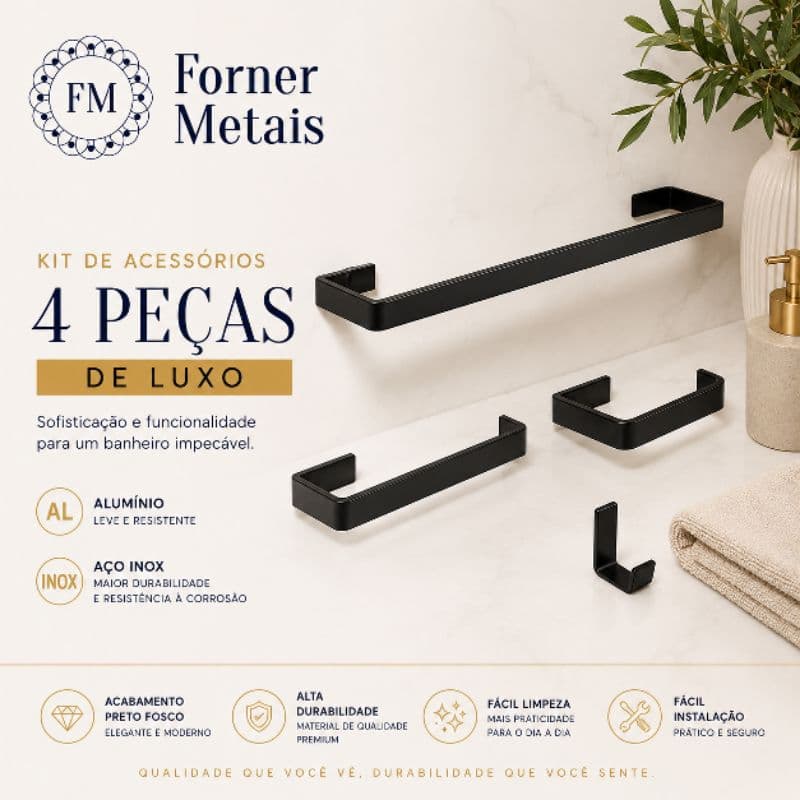 Kit Acessorios Para Banheiro Preto Fosco 4 Peças Quadrado em alumínio