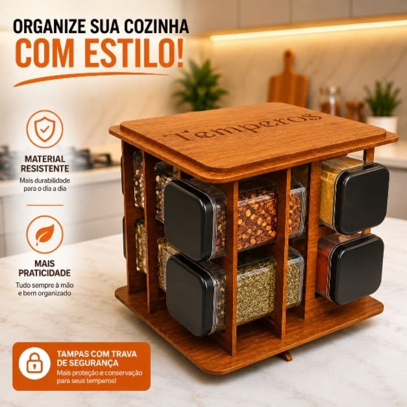 Porta Temperos Giratório MDF Pintado Com 8 Porta Condimentos + Etiquetas Adesivas