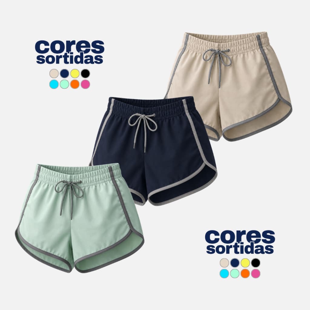 Kit Combo 3 Shorts Liso Cintura Alta Feminino Fenda Lateral Tactel com Elastano Treino Academia