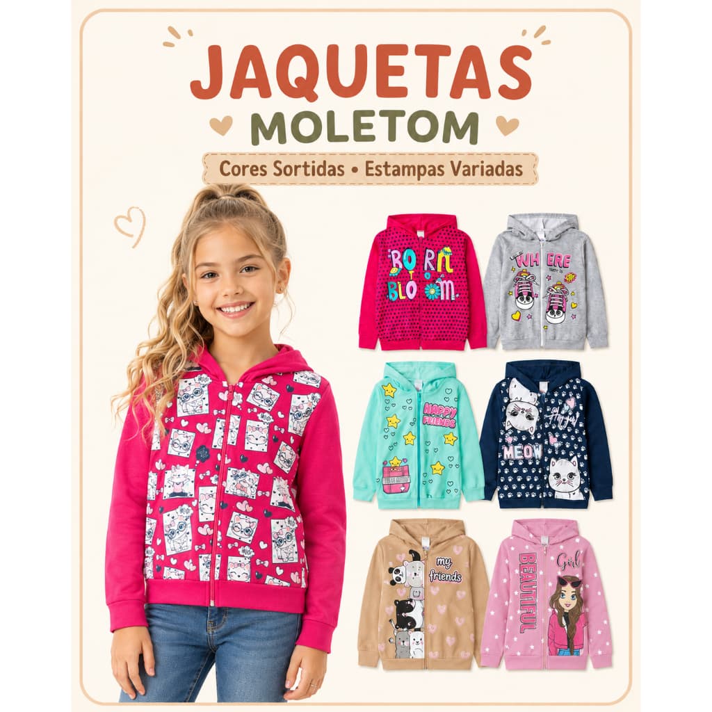 Jaqueta Moletom Infantil Menina com Zíper Casaco Quentinho Confortável Tamanho 1 ao 14