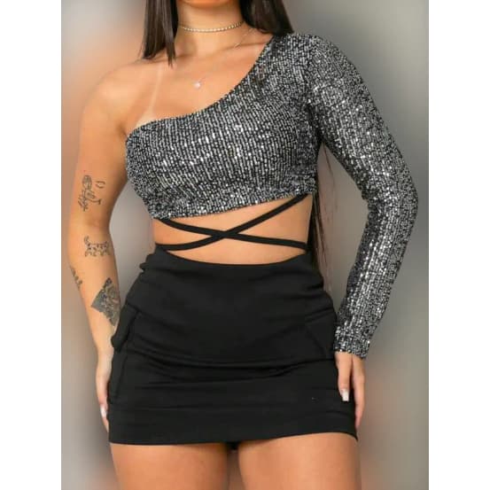 Cropped Paetê c Bojo Manga Longa única brilho blusa mula manca / balada festa