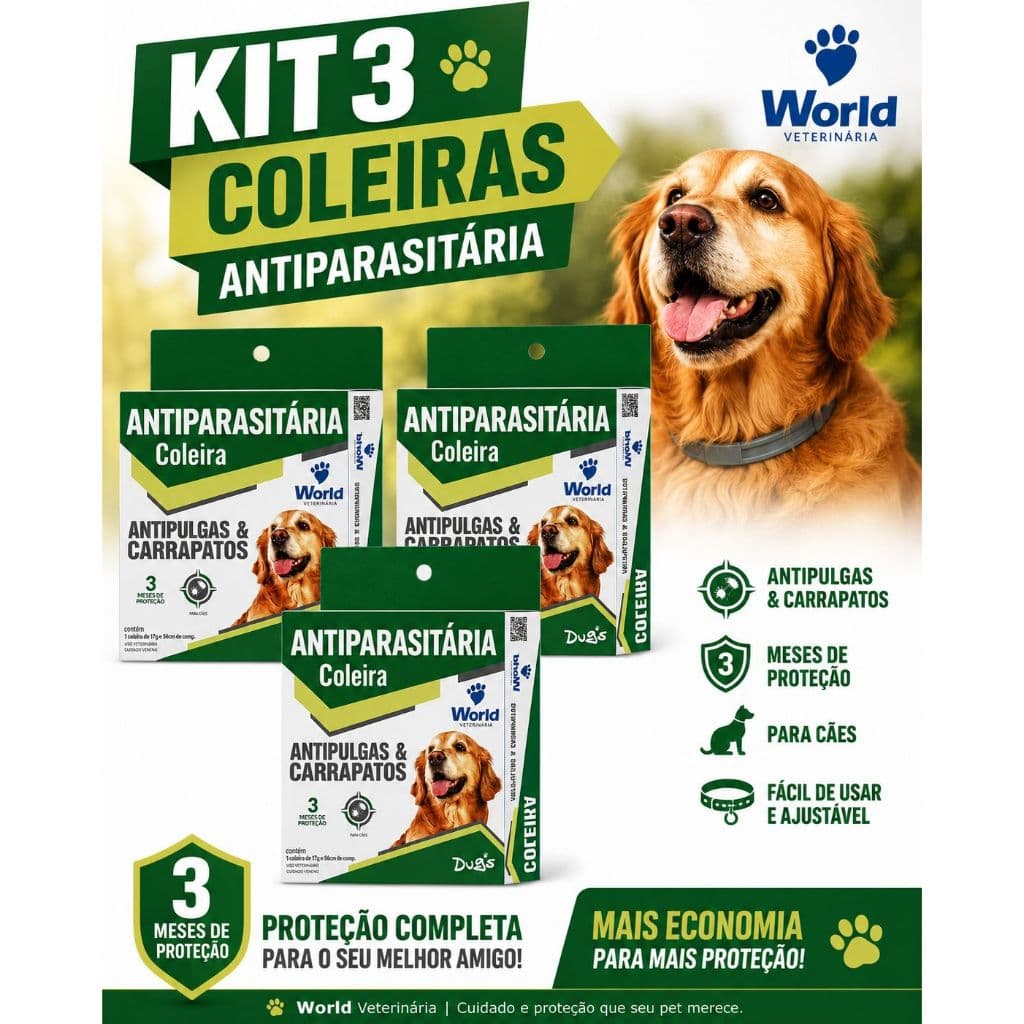 Kit com 3 Coleiras World Antipulgas e Carrapatos Dug`s