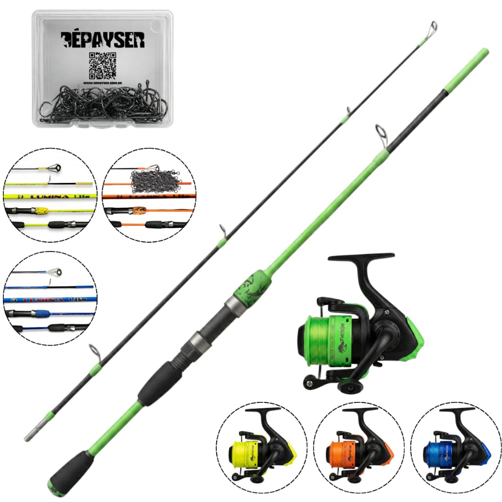 Kit Pesca Vara Molinete Linha Anzol Vara 1,35m + 1 Molinete Linha Resistente + 10 Anzol Chinu Cores