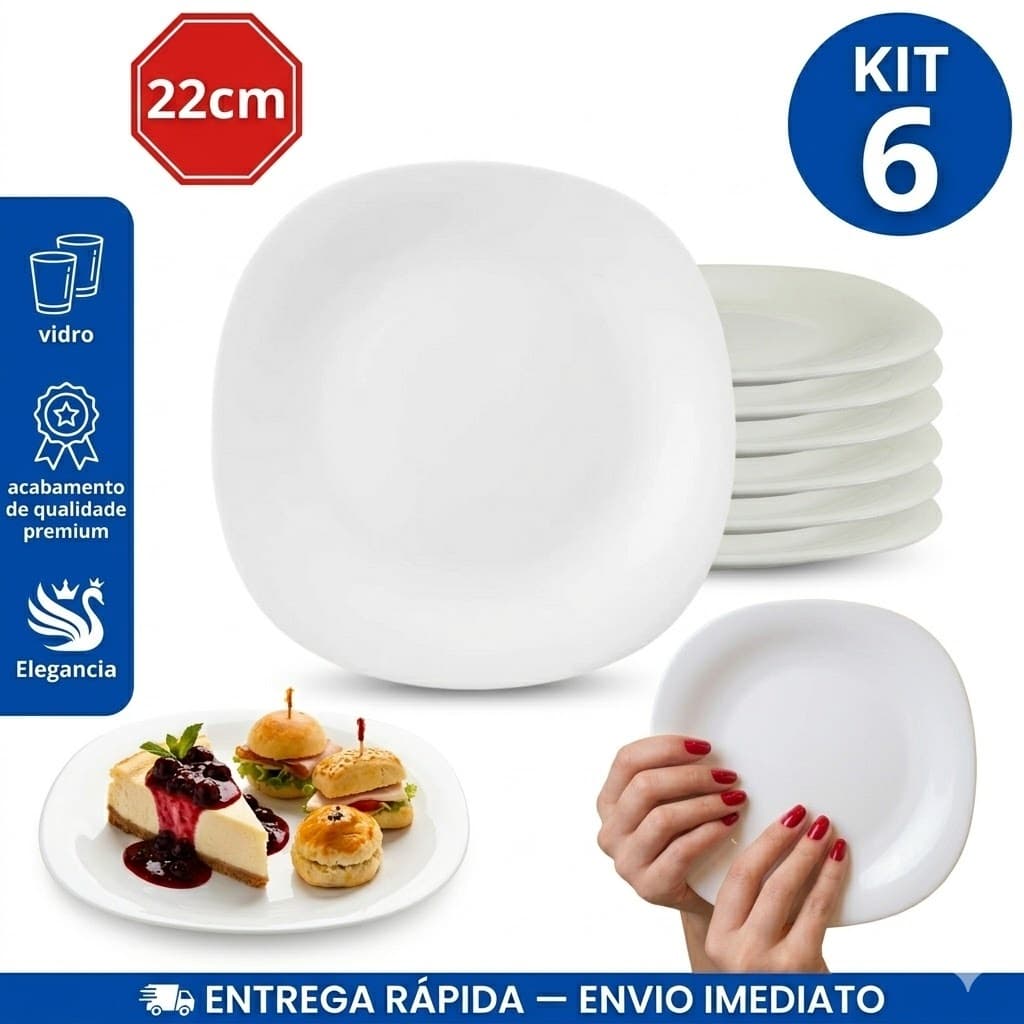 Jogo 06 Pratos quadrados sobremesa Branco opaline 06 unidades 20cm  Restaurante bar  hotel casa