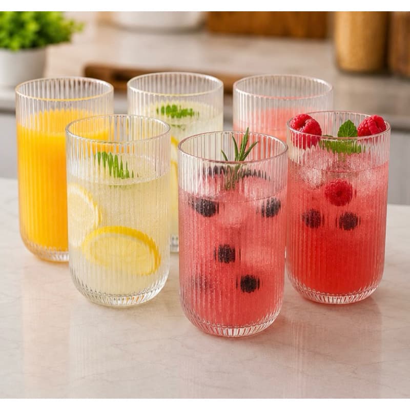 Conjunto Jogo 6 Copos 420ml Vidro Canelado Versalhes Transparente Resistente Suco Água Refrigerante Enxoval Cozinha