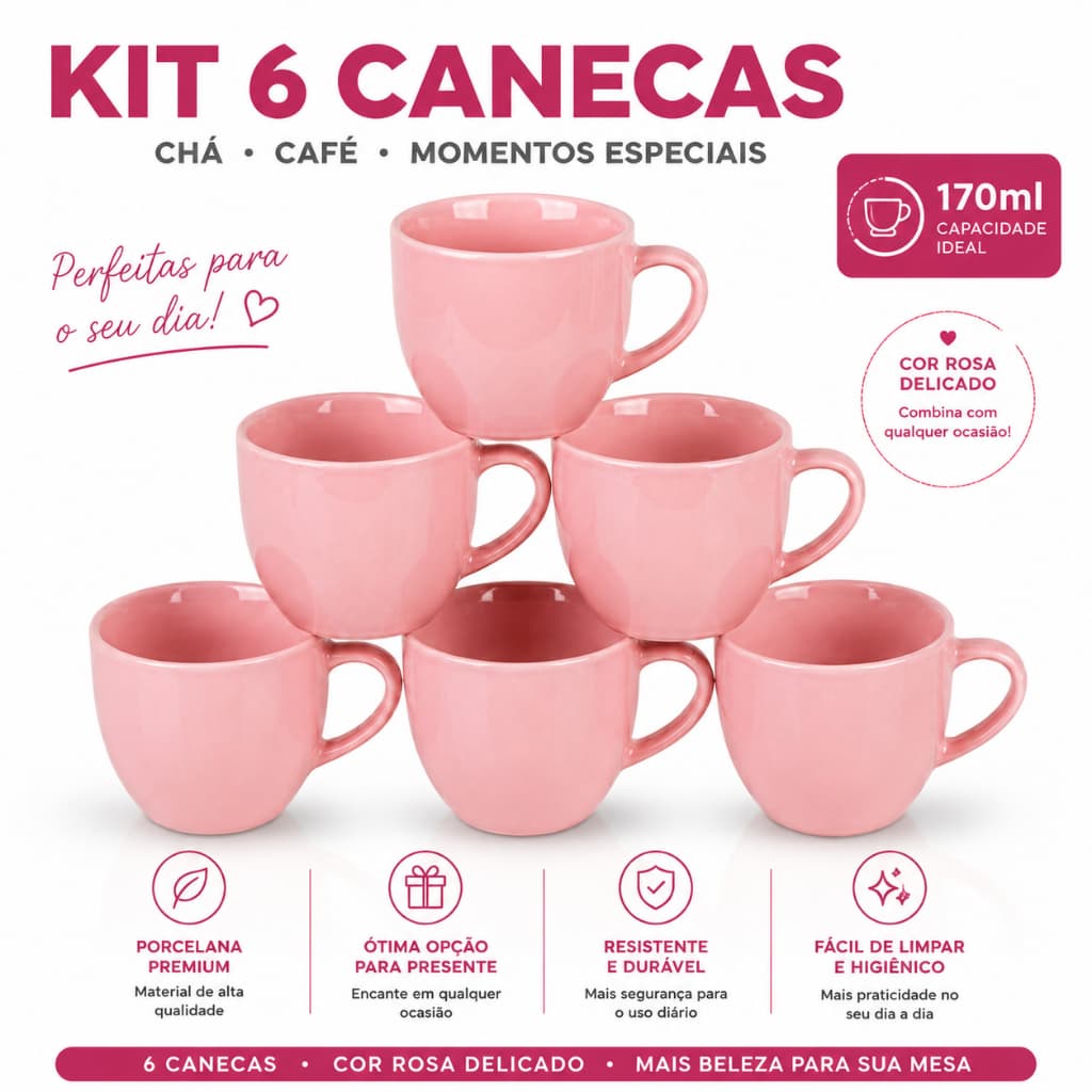 Jogo 6 Xícaras Caneca Chá Café Leite Capuccino Porcelana Lisa Rosa Colorida 170ml Cozinha Resistente