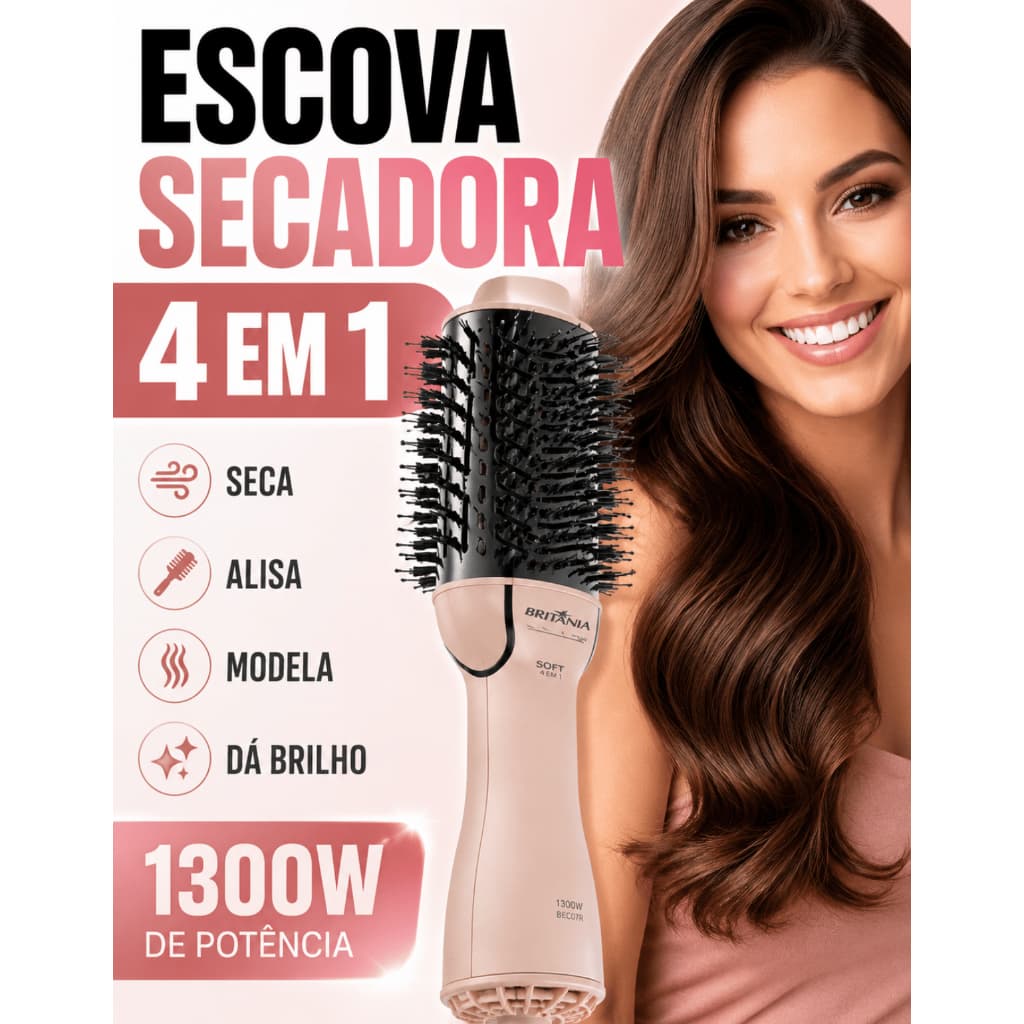 Escova Secadora Alisadora Modeladora  Britânia 1300W 4 Em 1 Cerâmica Anti Frizz Bivolt Profissional