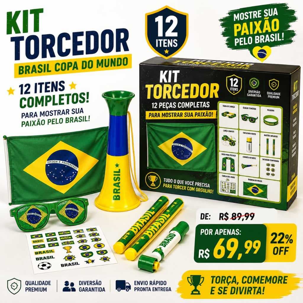Kit 12 peças Torcedor Brasil Copa 2026 Completo Acessórios Festa Torcida Futebol