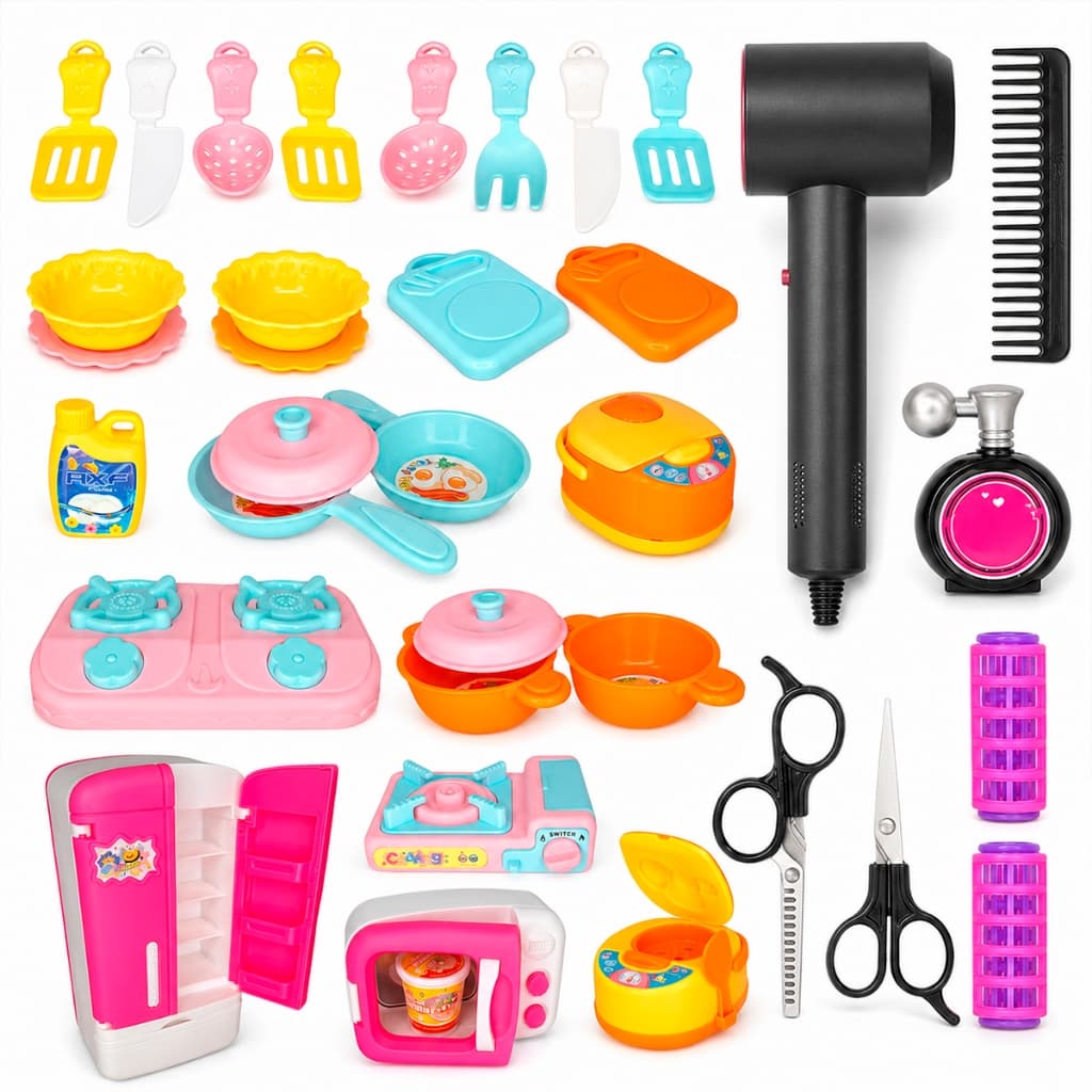 Mini Cozinha e Salão de Cabelo Infantil Brinquedo Utensílios Completo com 40 Peças