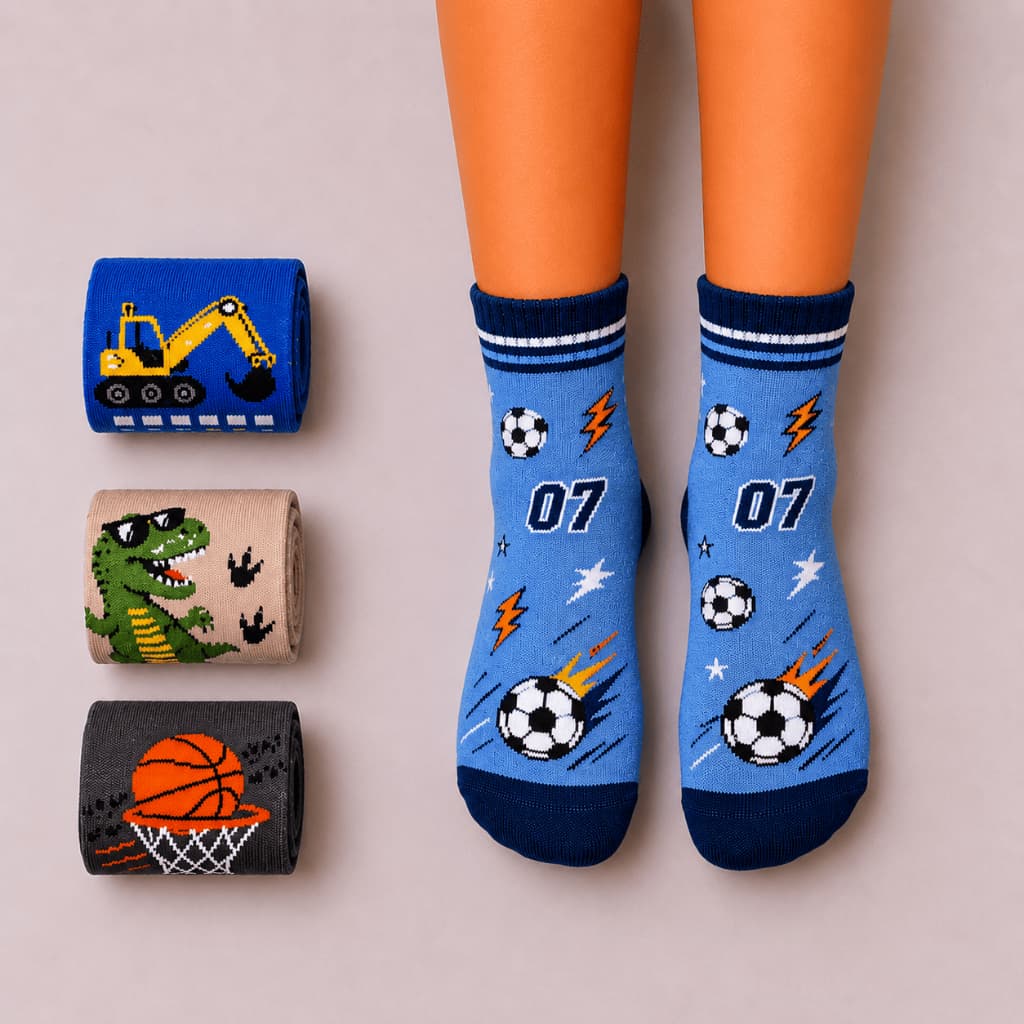 Kit 3 Pares de Meia Cano Médio Antiderrapante Infantil Masculina Meninos Estampas Sortidas