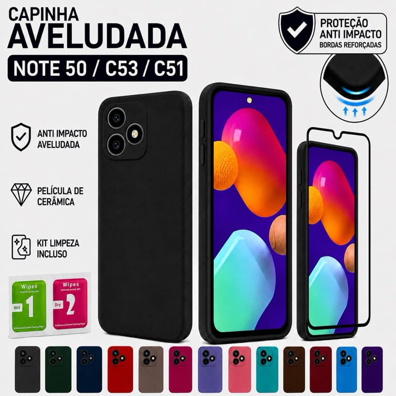 Capinha Capa RealMe Note 50 / C53 / C51 Anti Impacto Aveludada + Película de Cerâmica