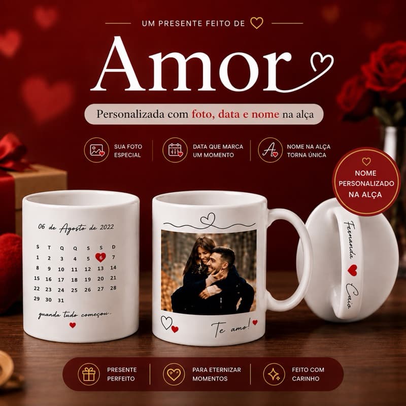 Caneca Personalizada Casal com Foto e Nome | Presente Dia dos Namorados | Nome na Alça