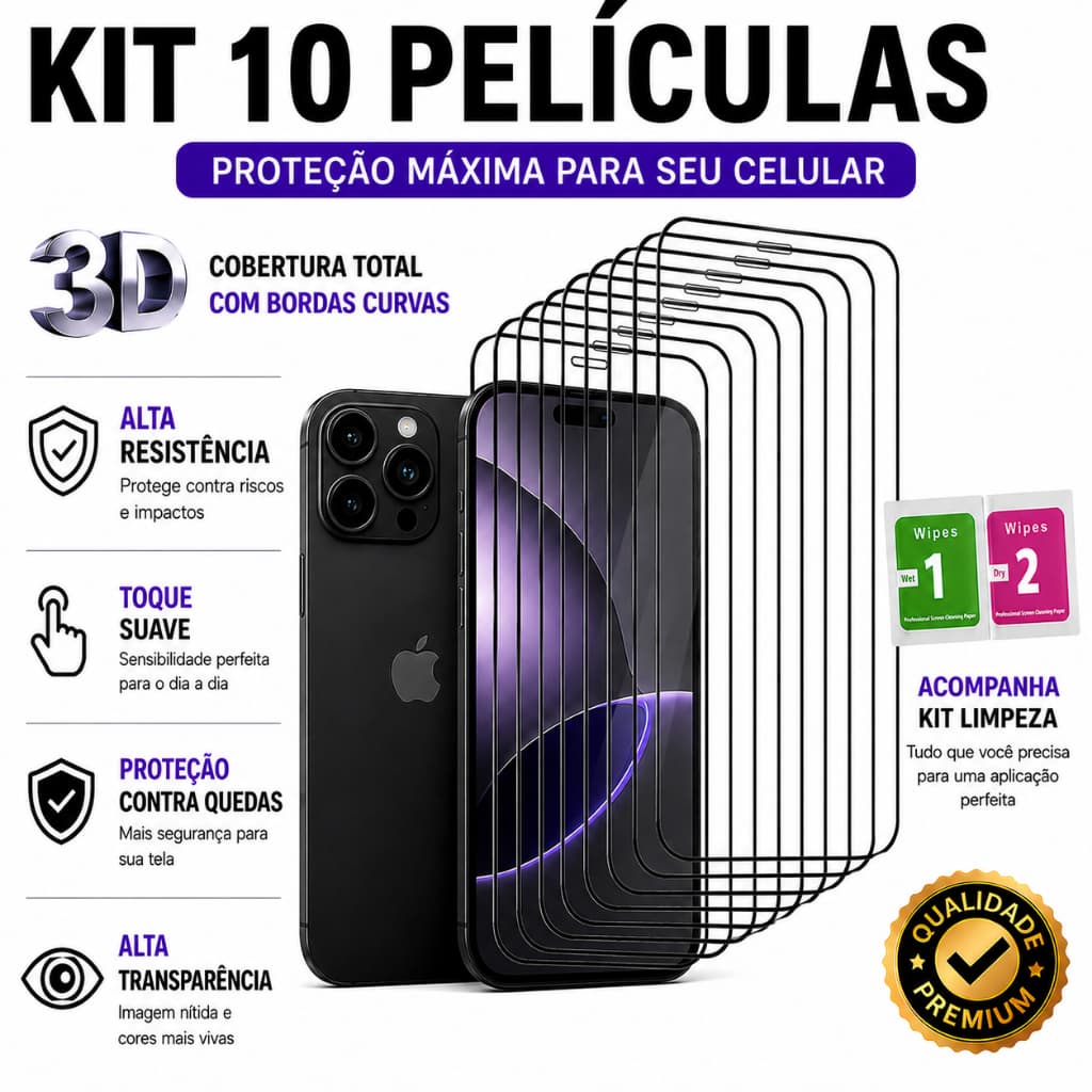Kit 10 Películas 3D Vidro Temperado para iPhone XR 11 12 13 14 15 16 17 Air Pro Max Proteção Total